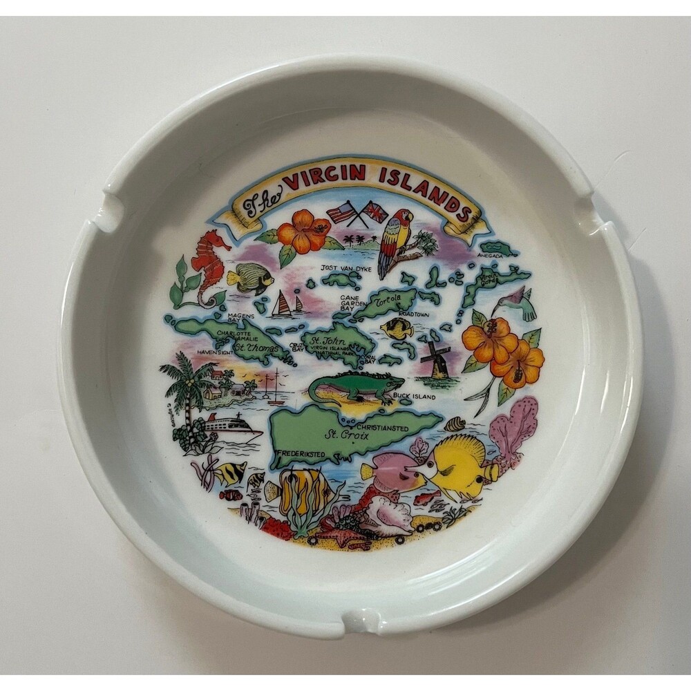 Vintage Virgin Island Ceramic Ashtray Ash Tray  4” Round Dish Souvenir White